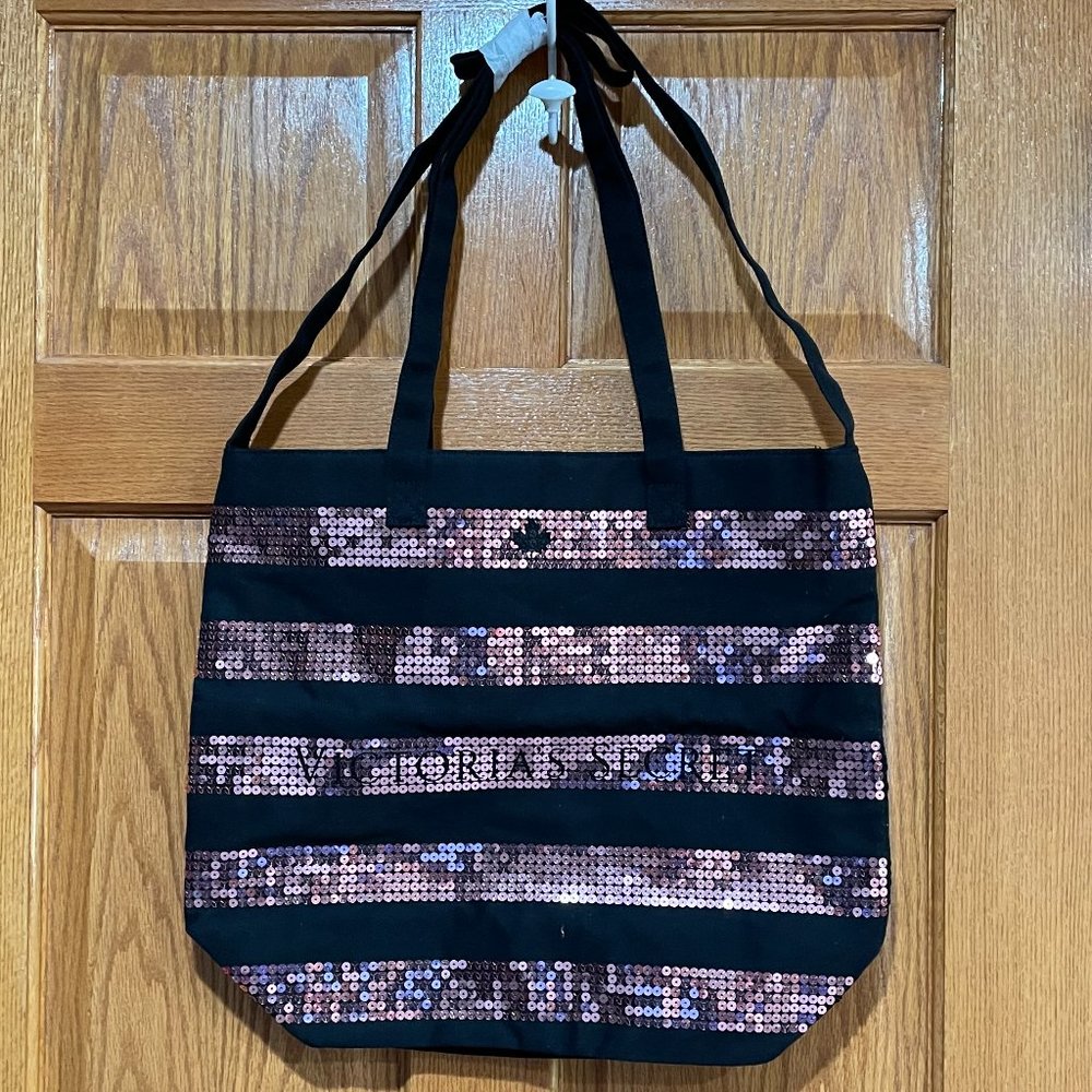 VICTORIA'S SECRET Large Tote Bag Black Pink Sequins Logo Zip Top NWOT NEW